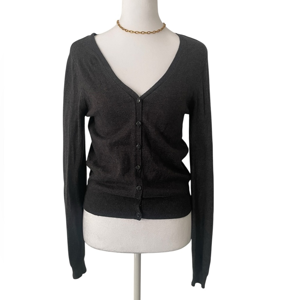 H&M Divided Classic Gray‎ Cardigan Sweater with Suede Like Elbow Patches 6